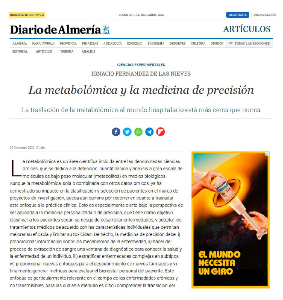 Nacho publishes an article in Diario de Almería about precision medicine